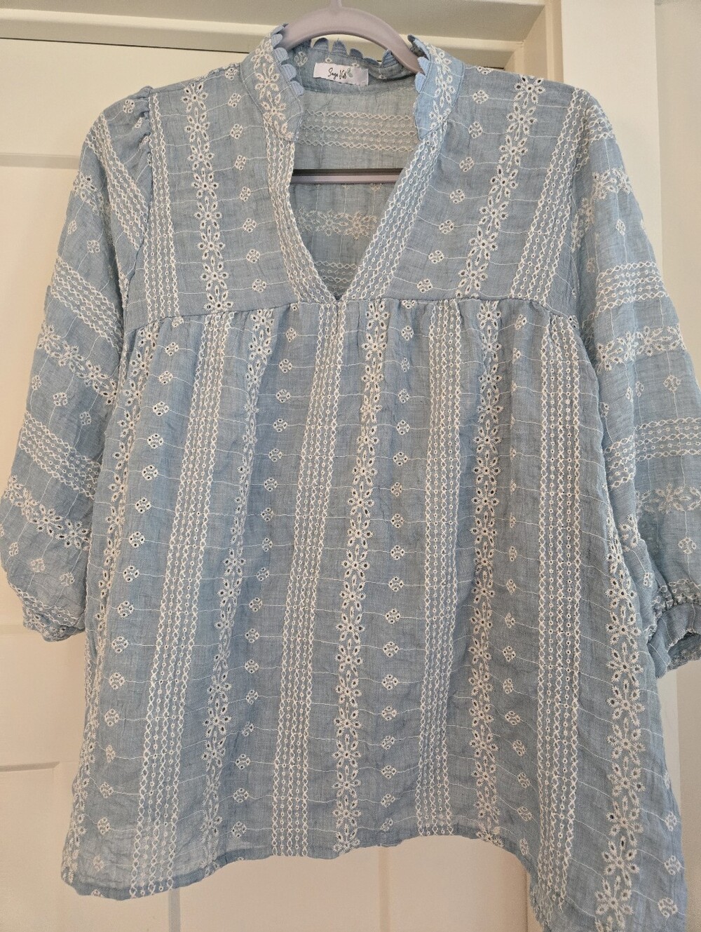 Sage Vell Light Blue Eyelet V-Neck Peasant Top Medium But Can Fit Large